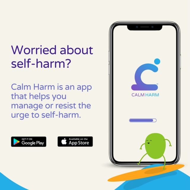 "An ad for the Calm Harm app. A phone screen shows the Calm Harm logo. Text says: 'Worried about self-harm? Calm Harm is an app that helps you manage or resist the urge to self-harm.' Icons for Google Play and App Store are shown. A small green character stands on a surfboard.