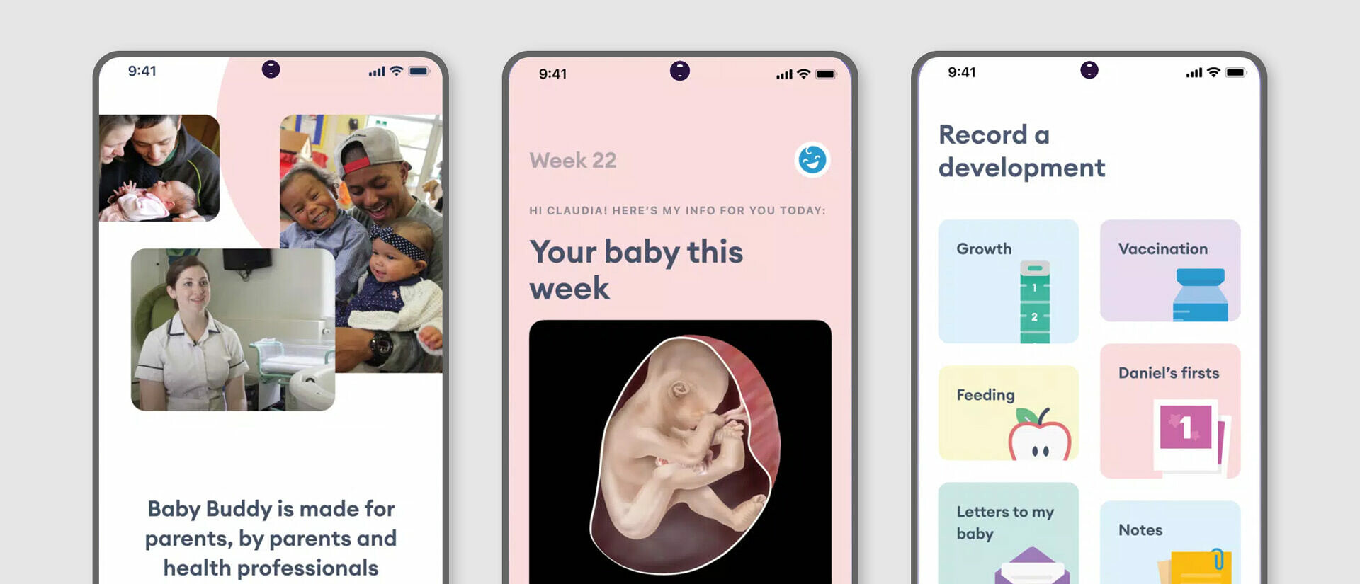 Three phone screens show parts of the baby buddy app. One says 'Baby Buddy is made for parents, by parents and health professionals.' Another shows 'Week 22' with an ultrasound image. The third shows options like Growth, Vaccination, Feeding, and Notes.