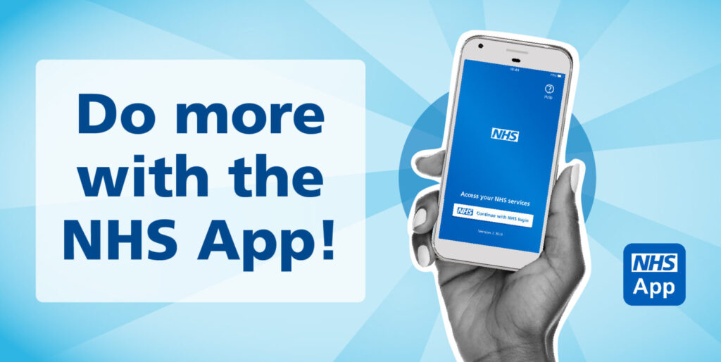 A promotional image for the NHS App. A hand holds a phone showing the NHS App screen. Text says: 'Do more with the NHS App!' and 'Access your NHS services. Continue with your login.' The background is light blue with a sunburst pattern