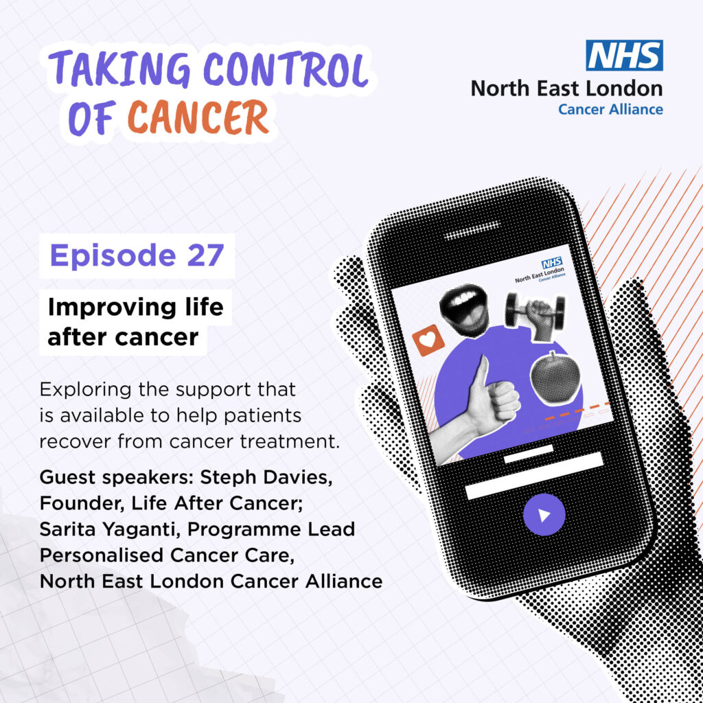 Graphic for NHS North East London Cancer Alliance podcast, Taking Control of Cancer, Episode 27: Improving life after cancer, featuring guest speakers and support for cancer recovery, with a phone illustration.