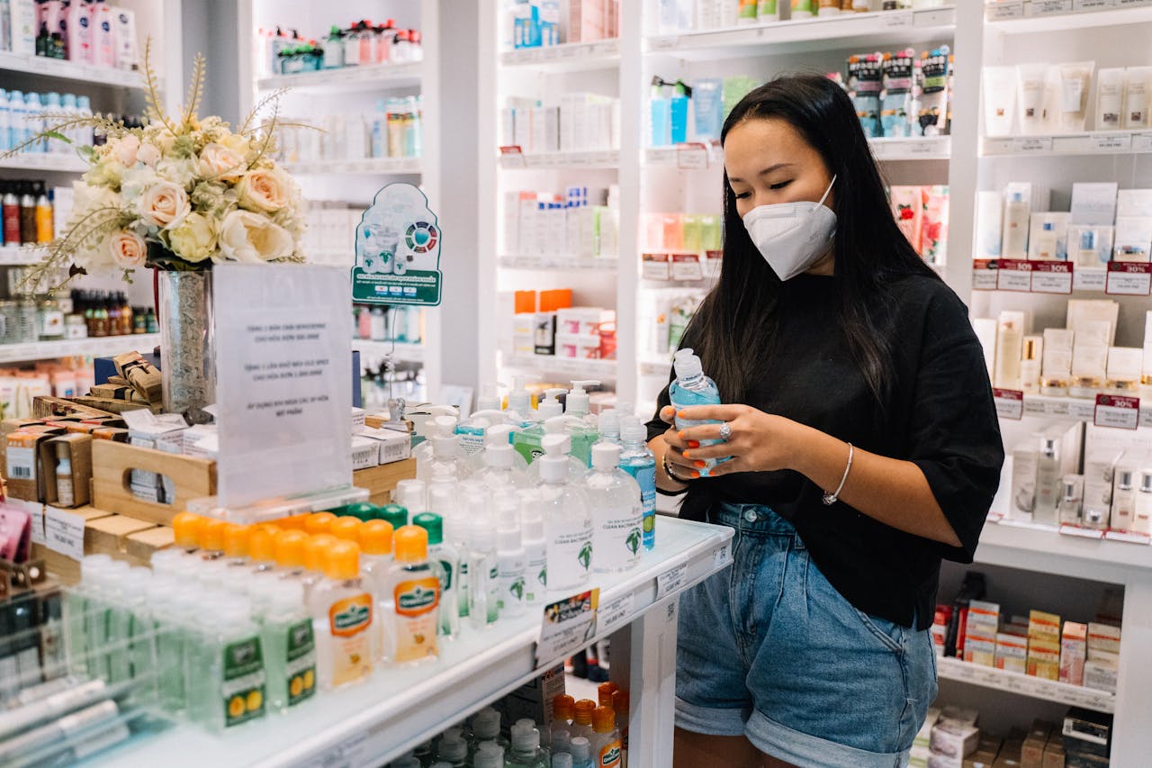 A person with long dark hair stands in a store aisle, holding a skincare product. Shelves are filled with bottles and boxes.