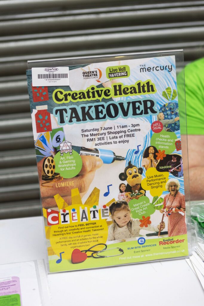 A colorful event poster titled “Creative Health TAKEOVER” advertises free activities at The Mercury Shopping Centre, featuring crafts, music, dance, singing, and more on Saturday, June 7th, 11am–3pm.