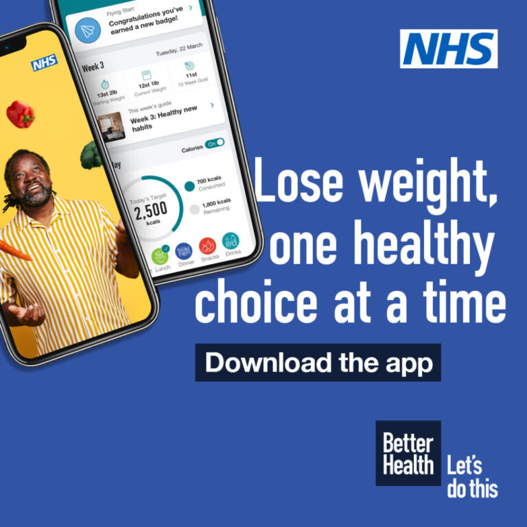 NHS Better Health app ad with two smartphones showing weight loss progress and the message “Lose weight, one healthy choice at a time.”