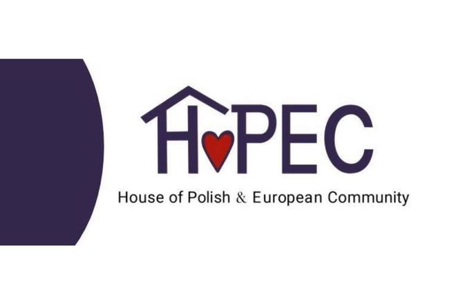HOPEC logo with a heart replacing the “O” and a roof over the “H”; tagline reads “House of Polish & European Community.”