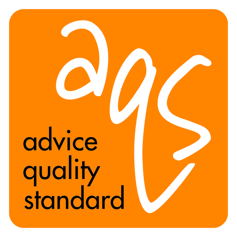 Logo with white letters "a", "q", and "s" on an orange background, and the words "advice quality standard" in black below.