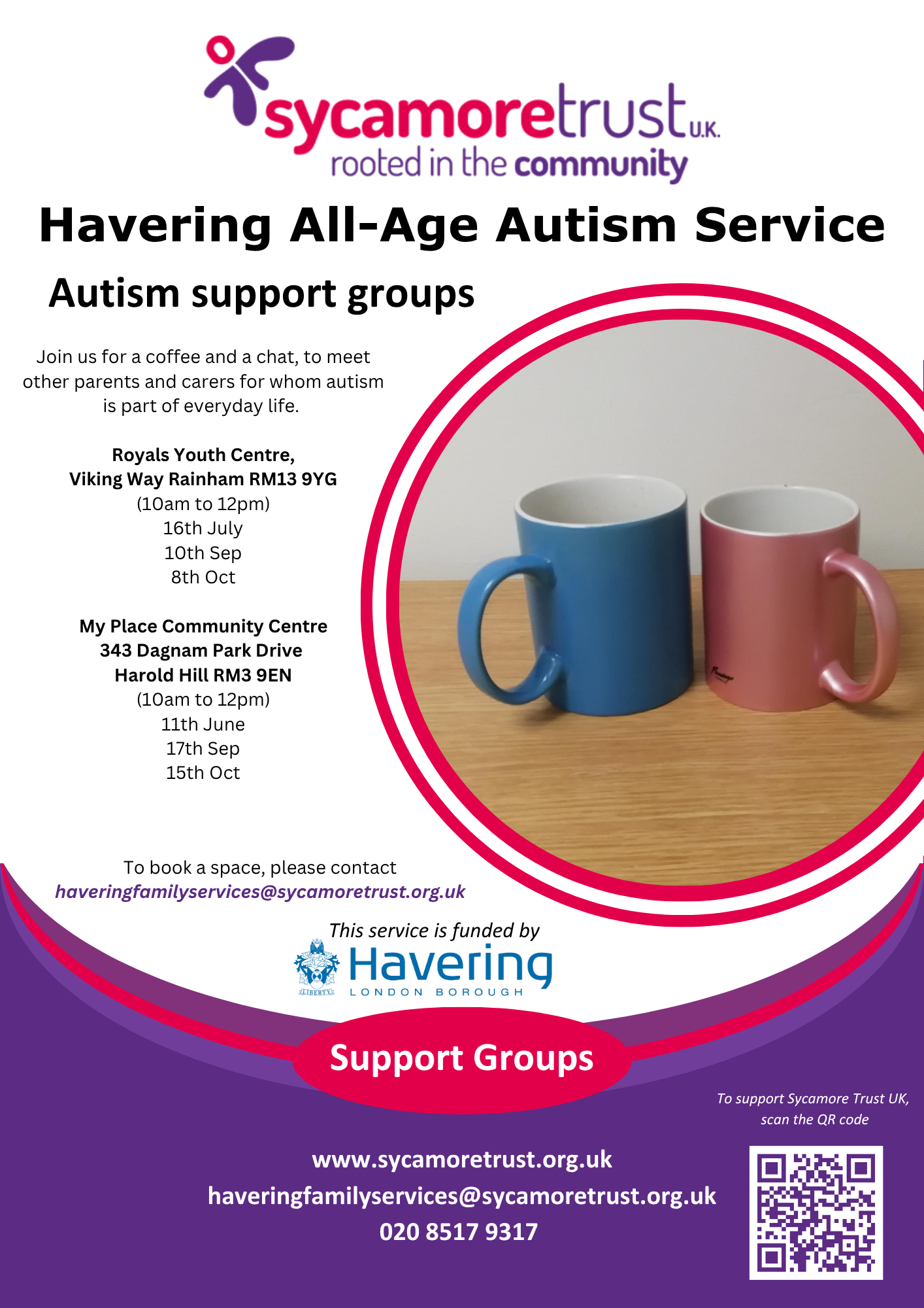 Flyer for Sycamore Trust UK's Havering All-Age Autism Service support groups. Lists meeting dates and locations in Rainham and Harold Hill for parents and carers. Includes contact details, a QR code, and the tagline 'rooted in the community'.