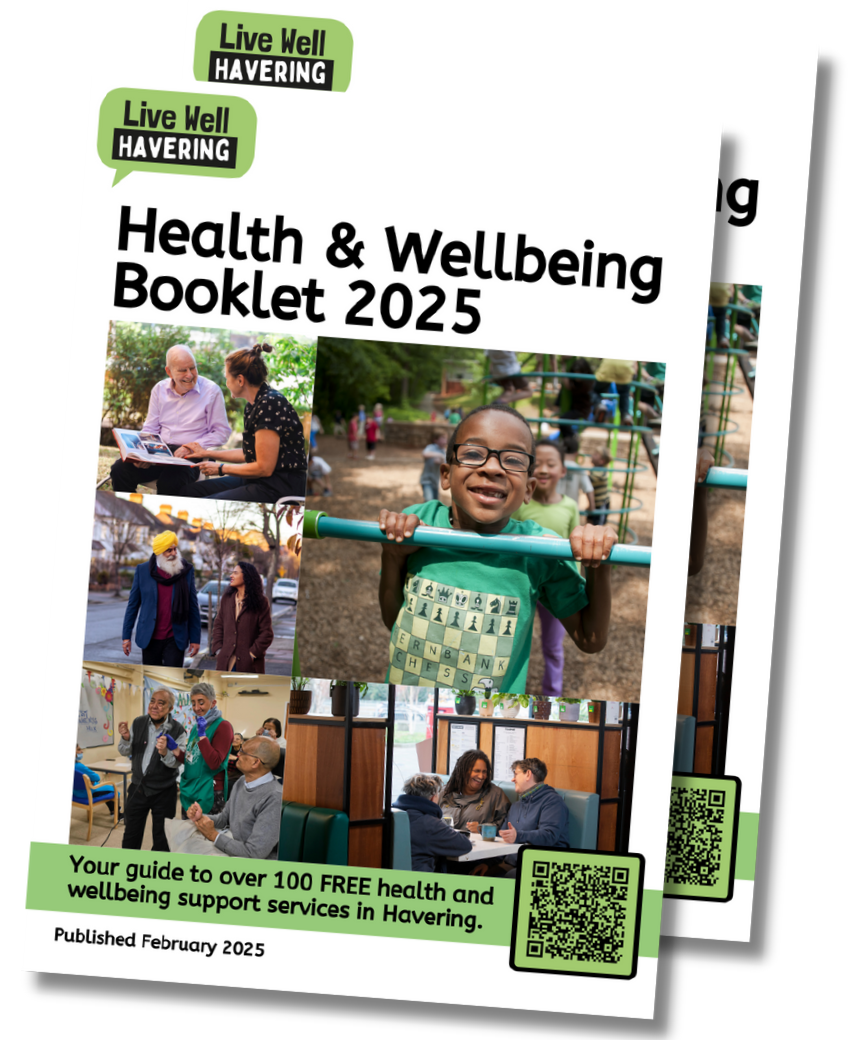 Cover of the “Health & Wellbeing Booklet 2025” with photos of people engaging in various activities and a banner promoting free support services in Havering.