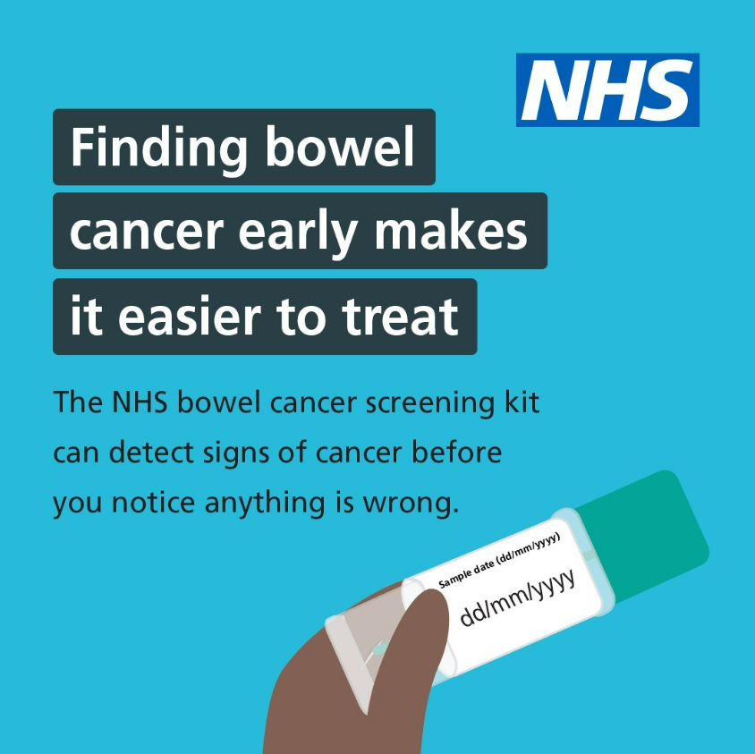 Someone holding a bowel screening sample tube with the writing 'finding bowel cancer early makes it easier to treat.'
