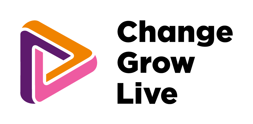 CGL logo Logo with a colorful triangular play button on the left and the words "Change Grow Live" in bold black letters on the right.