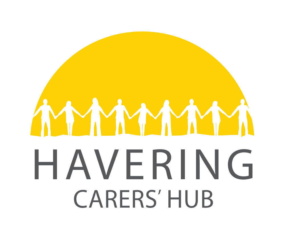 Havering Carers' Hub logo with silhouettes holding hands under a yellow semi-circle, and grey text reading “HAVERING CARERS' HUB.”