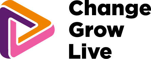 Change Grow Live logo with a purple, pink and orange arrow shape.