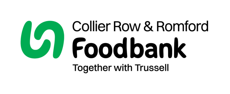 Collier Row & Romford Foodbank logo with green symbol and black text, including 'Together with Trussell'.