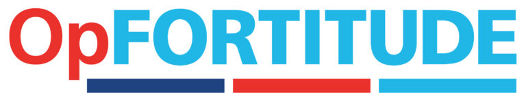 Logo with the text 'OpFORTITUDE' - 'Op' in red and 'FORTITUDE' in blue—above three horizontal lines in dark blue, white, and red.