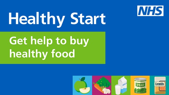 NHS Healthy Start promo with text “Get help to buy healthy food” and illustrations of fruits, vegetables, and groceries.