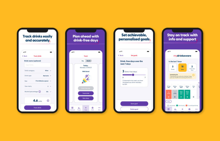 app Four smartphone screens showing features of the app for managing drinking habits, including drink tracking, planning drink-free days, setting goals, and accessing support.