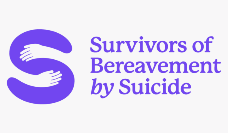 Logo for Survivors of Bereavement by Suicide with a purple “S” embraced by two white hands and accompanying text.