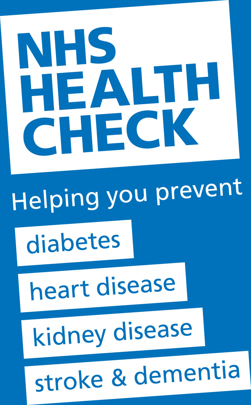 Blue and white NHS Health Check poster listing prevention of diabetes, heart disease, kidney disease, stroke, and dementia.
