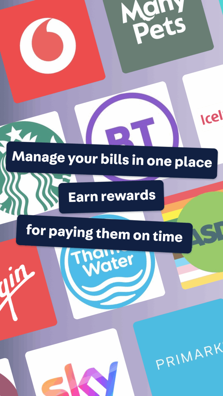 Collage of company logos with text boxes reading “Manage your bills in one place,” “Earn rewards,” and “for paying them on time.”