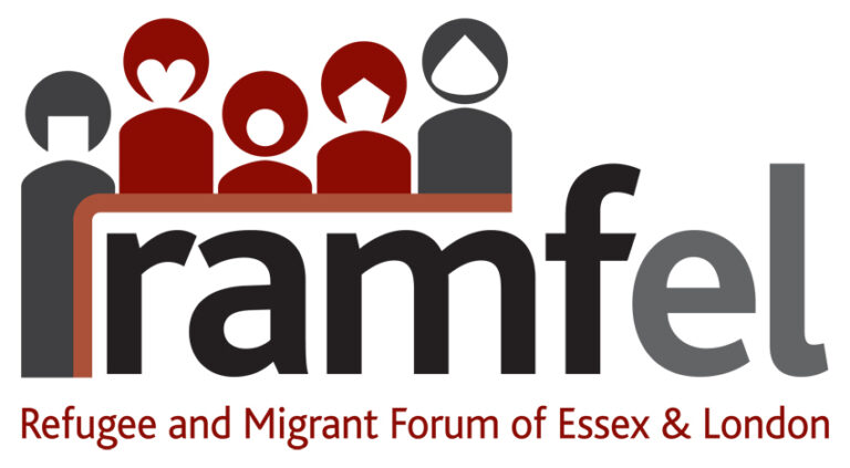 Logo of RAMFEL with stylized red and gray figures above the text “ramfel” and the tagline “Refugee and Migrant Forum of Essex & London.
