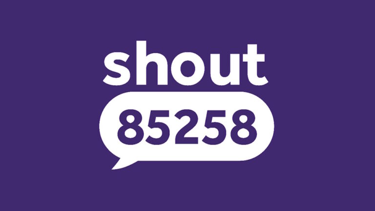 Shout” in bold white text on a purple background with a speech bubble showing the number 85258.