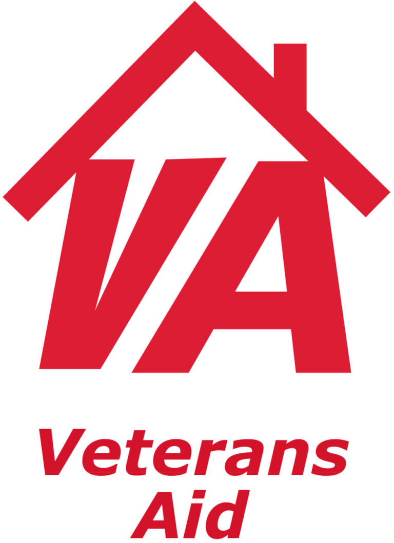 Red logo with stylized letters 'VA' forming a house shape, and the words 'Veterans Aid' below