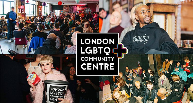 Collage of events at London LGBTQ+ Community Centre, featuring group gatherings, a speaker, social scenes, and a donation bucket; central text reads “London LGBTQ+ Community Centre.”