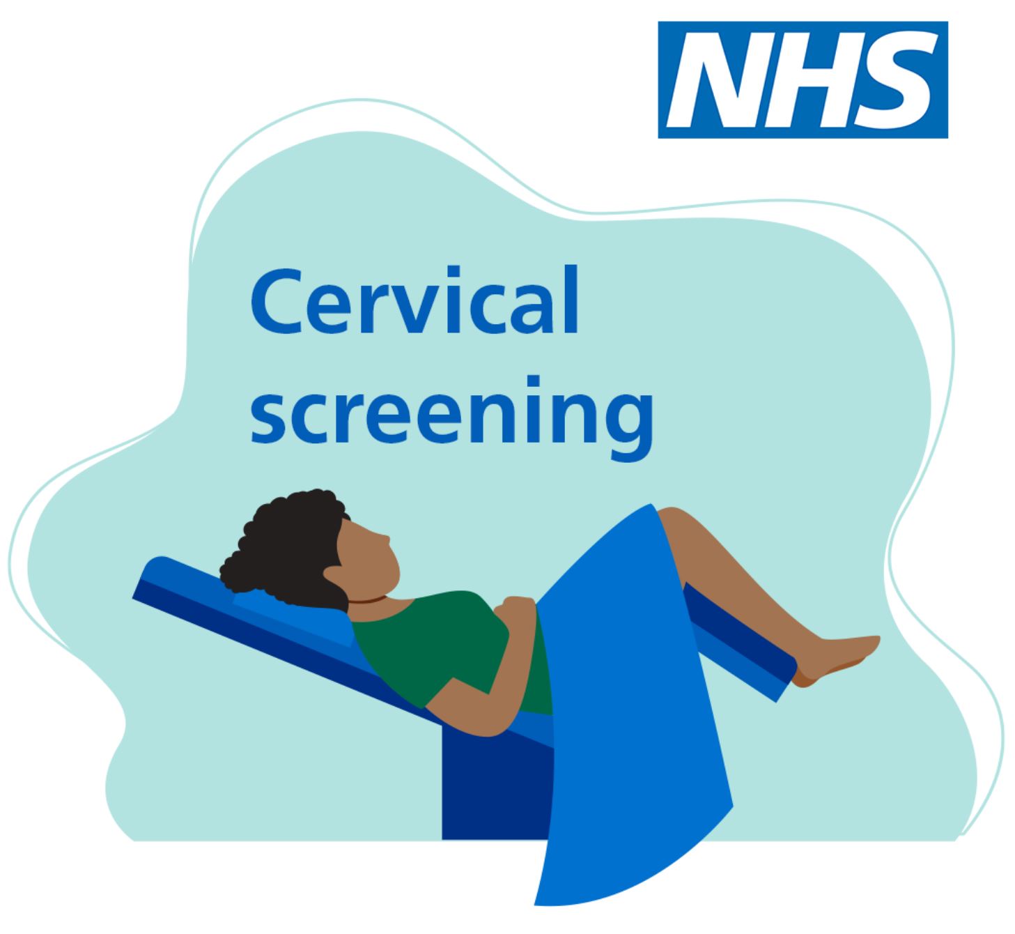 A cartoon woman is sitting tilted on a medical bed with her legs up at a right angle ready for a cervical screening