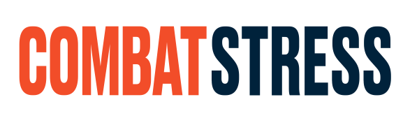 The image shows the words COMBAT STRESS in bold, uppercase letters. COMBAT is in orange and STRESS is in dark blue, both on a transparent background.