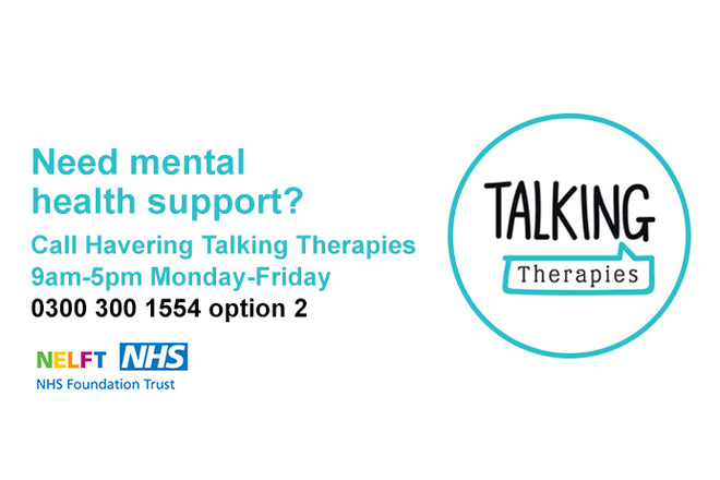 Havering Talking Therapies logo with text: 'need mental health support? Call Havering Talking Therapies 9am-5pm Monday-Friday, 0300 300 1554 option 2'.