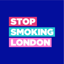old text reading "STOP SMOKING LONDON" on red, blue, and pink backgrounds against a solid blue backdrop.