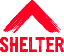 "Logo with a red stylized roof shape above the word 'SHELTER' in bold red letters on a transparent background