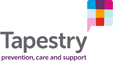 Tapestry logo with colorful speech bubble and text reading 'prevention, care and support'.