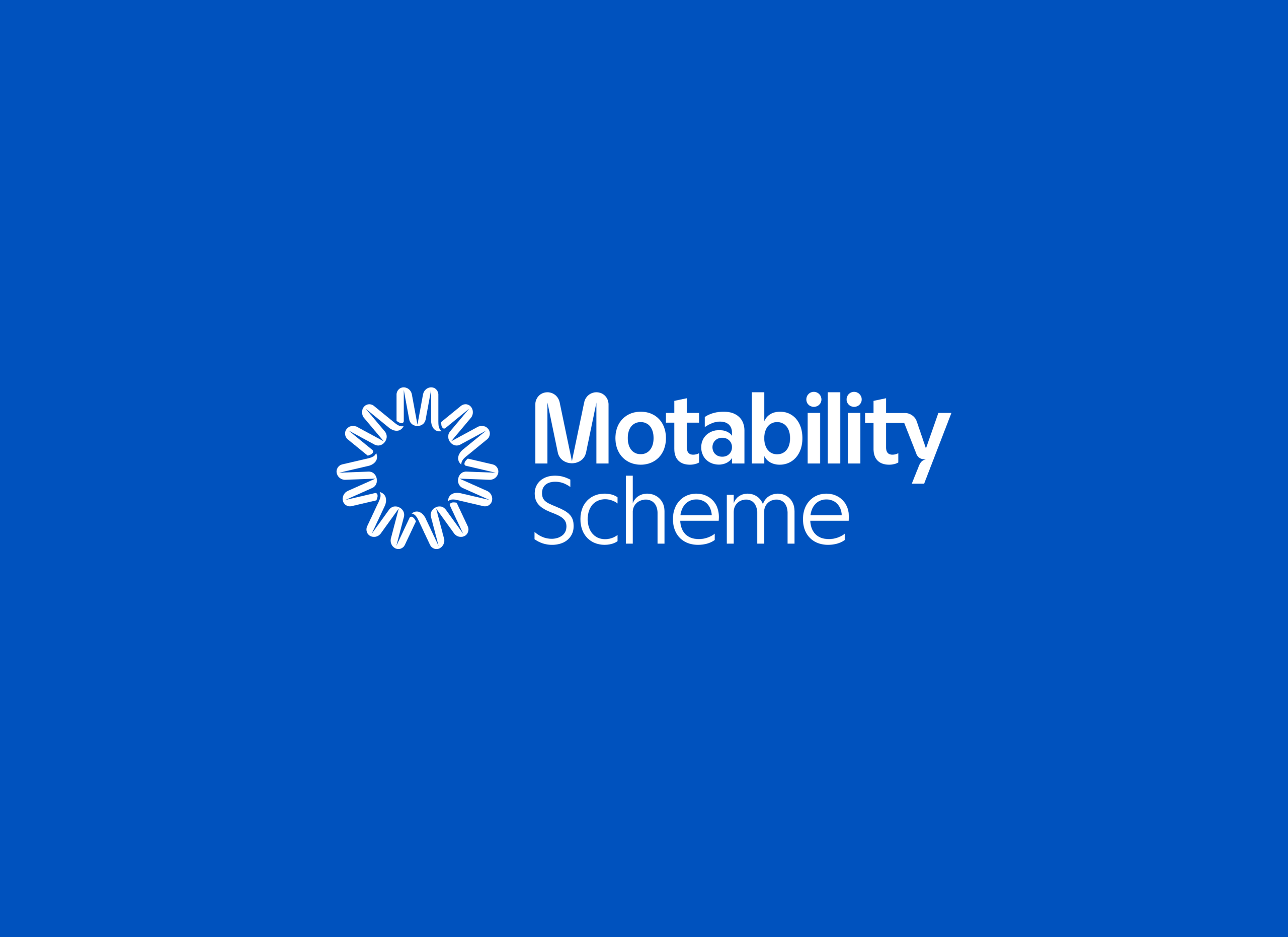 Motability Scheme logo with white sun-like design and text on a blue background.