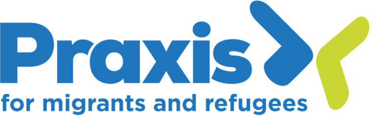 Blue Praxis logo with tagline 'for migrants and refugees'