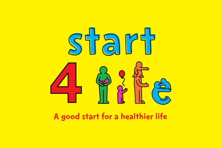 Bright yellow graphic with the words 'start 4 life' in colorful fonts. Each letter in 'life' is represented by a figure: a green adult with a baby, a pink child with a balloon, an orange pregnant person, and a blue crawling baby. Below is the text 'A good start for a healthier life.'