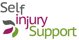 Self Injury Support logo with grey, green and pink text and abstract leaf shapes
