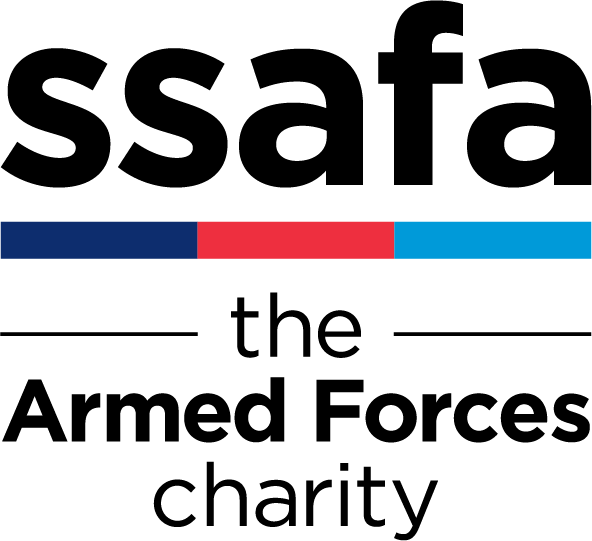 Logo of SSAFA, the Armed Forces charity, with a horizontal bar in dark blue, red, and light blue beneath the word 'ssafa'
