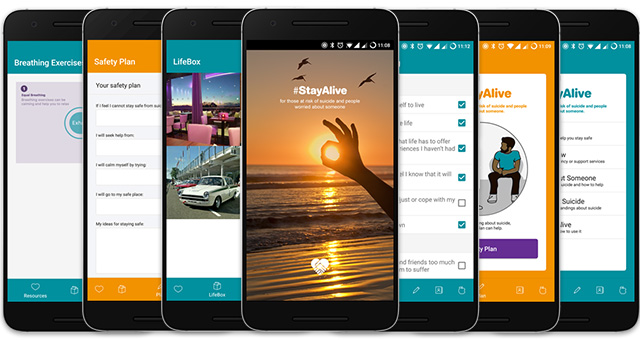 Six smartphones showing screens from the #StayAlive mental health app, including tools like Breathing Exercises and Safety Plan.