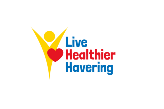 Logo with a yellow figure holding a red heart and the text "Live Healthier Havering" in blue and red.