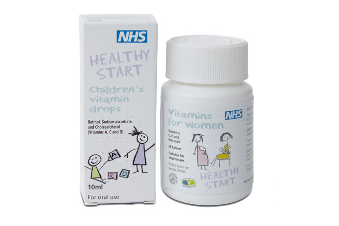 Two NHS Healthy Start vitamin products: children’s vitamin drops and women’s tablets with illustrations on the packaging.