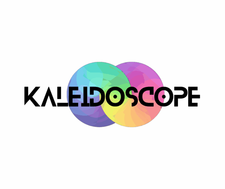 The word Kaleidoscope is written in bold, modern black font over two overlapping circles filled with a gradient of blue, green, purple, yellow, and pink on a light gray background.
