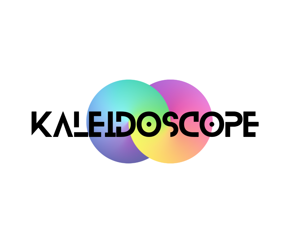 The word Kaleidoscope is written in bold, modern black font over two overlapping circles filled with a gradient of blue, green, purple, yellow, and pink on a light gray background.