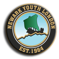 Circular logo with gold text “NEWARK YOUTH LONDON” and “EST. 1984”; features a green ship on blue background with brown waves in the middle.