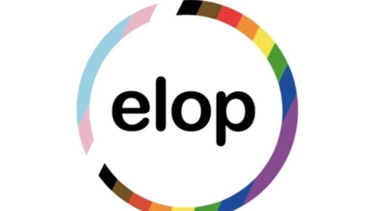 Elop logo. Elop is written in the middle of a hollow pride progress flag circle.
