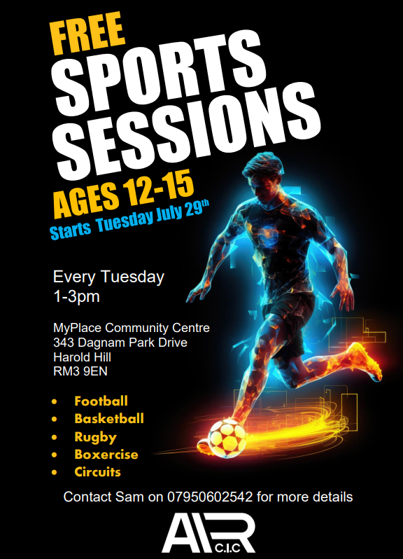 Poster advertising free sports sessions for ages 12-15 starting July 29, every Tuesday 1–3pm, featuring a glowing sports player and sports icons. Held at MyPlace Community Centre; contact Sam for details.