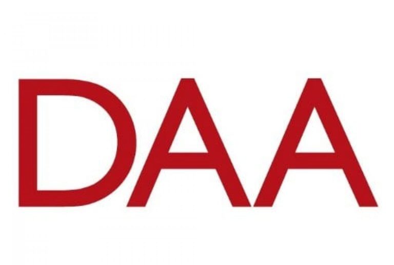 The image shows the large, bold, red letters DAA on a plain white background.