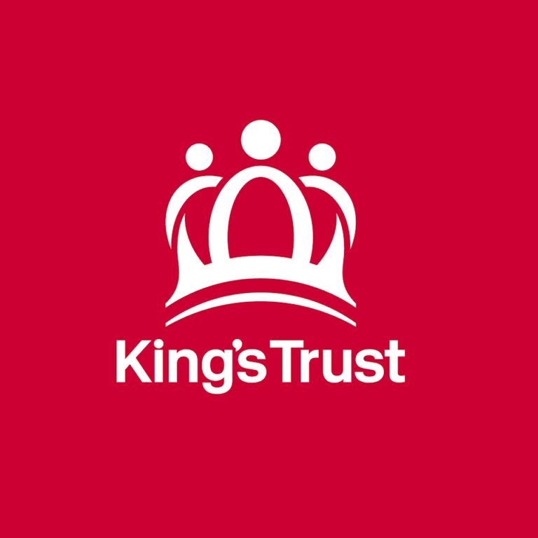 Red background with white “King’s Trust” logo featuring three stylized human figures forming a crown.