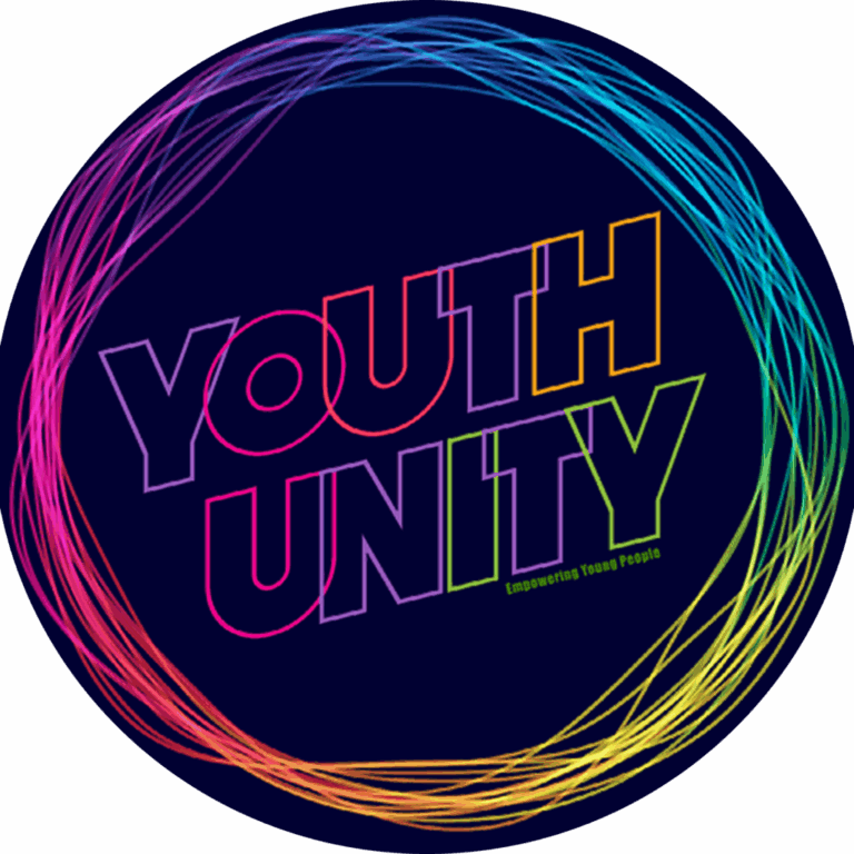 Circular Youth Unity logo with dark blue background and colorful border. Center text reads 'YOUTH UNITY' with the tagline 'Empowering Young People' below