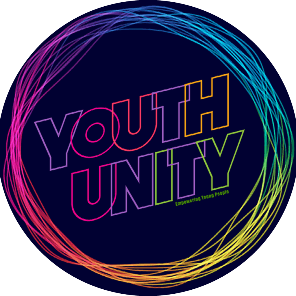 Circular Youth Unity logo with dark blue background and colorful border. Center text reads 'YOUTH UNITY' with the tagline 'Empowering Young People' below