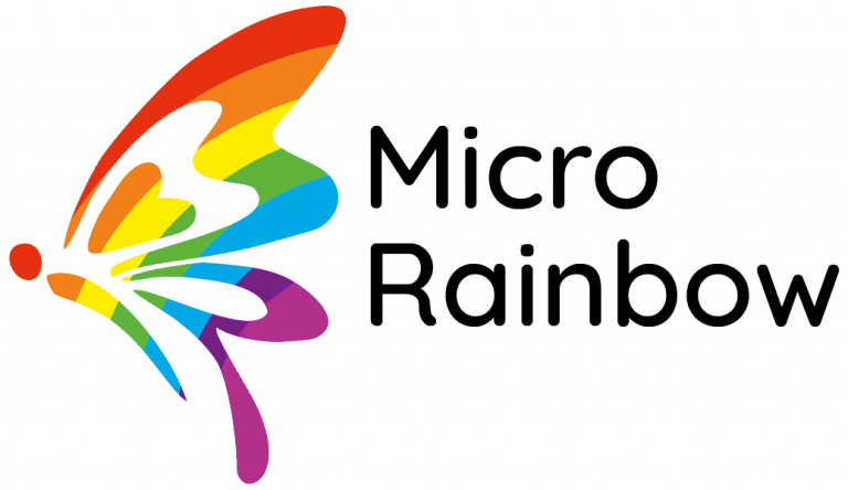 Micro Rainbow logo in black letters with a rainbow butterfly to the left.